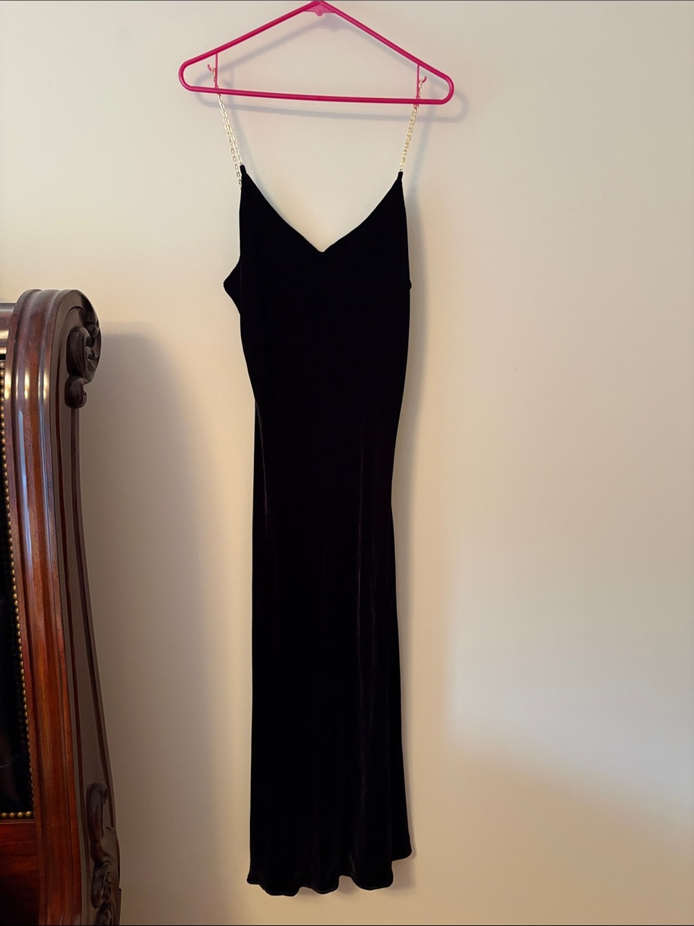 Reformation Black Velvet Midi Slip Dress with Chain Straps